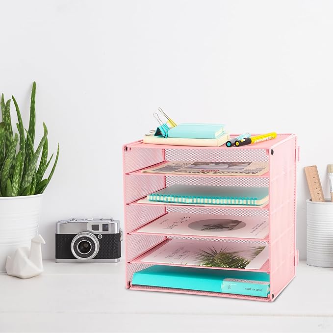 EASEPRES 5 Slot Mesh Desk Organizer Tray, File Paper Letter Folder Holder Desktop Paper Sorter Mail Organization Rack Storage Accessories, for Office Home School Classroom, Pink
