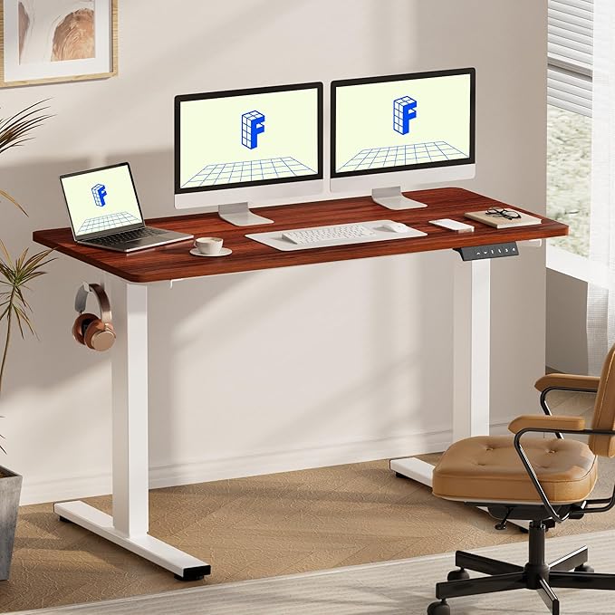 FLEXISPOT EN1 One-Piece Standing Desk with 1-Inch Thick Seamless Desktop, 60"x24" Electric Height Adjustable Desk for Home Office, Multi-Monitor Setups & Easy Assembly, Mahogany