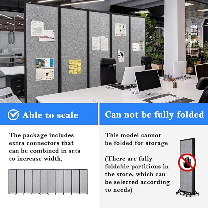 Upgrade Version Room Partition and Divider, Freestanding Rolling Dividers with Wheels,Office Privacy Screen Divider Wall,Classroom Felt Dividers,10'6"L* 6'7"H,5 Panel,Light Grey