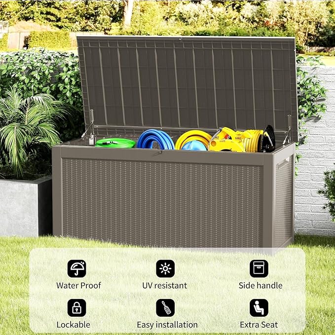 PATIOEASY Outdoor Storage Box 320GAL Waterproof Resin Deck Box,UV-Resistant Lockable Delivery Bin for Garden Tools,Large Patio Outside Cushions,Pool Accessories Supplies,Chest,Furniture,Package,Grey