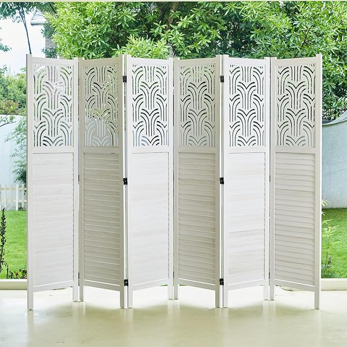 Svimi Folding Room Divider, 66.9 Inch 6 Panels Wood Carved Privacy Screens, Free Assembled Freestanding Portable Separation Wall for Home Office Restaurant Bedroom (White)