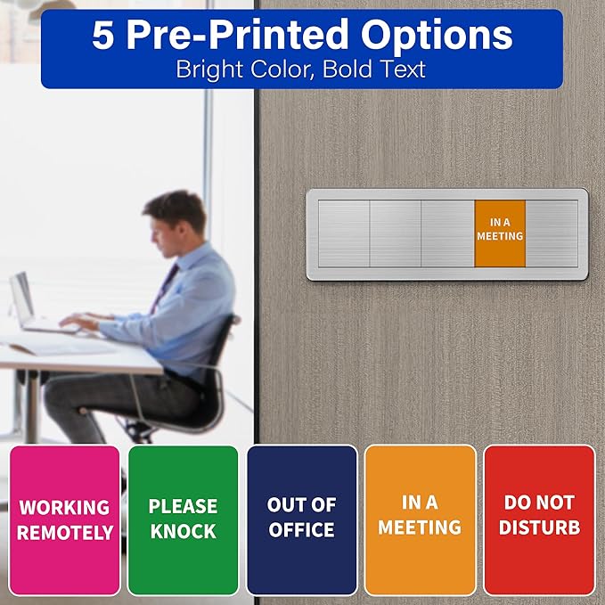 Office Door Signs with 5 Printed Status Options – Do Not Disturb, Out of Office, In a Meeting, Please Knock, Work from Home – Includes Custom Personalized Blank Sticker for Privacy Workspace or Studio Available and Away