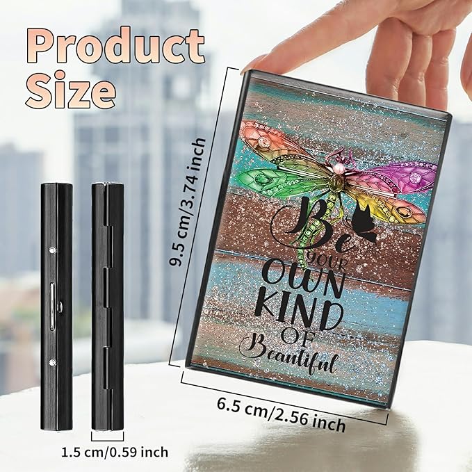 BWEGRHE Slim Credit Card Holder, Dragonfly Glitter Wood RFID Blocking Metal Wallet for Men & Women, Aluminum Minimalist Hard Case Pocket-Sized Business Cards Organizer (Fits Up to 10 Cards)