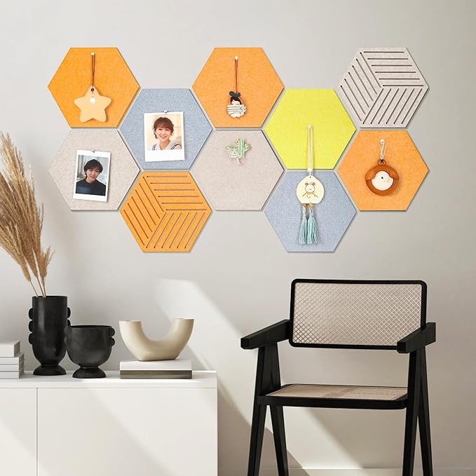 12'' Medium Hexagon Cork-Bulletin Board Tiles Frameless 10 Pack Adhesive Removable Felt Corkboard Decorative Prayer-Vision Board for Home-Office Wall Decor, Hex Tack Pinboard with 30 Pushpins