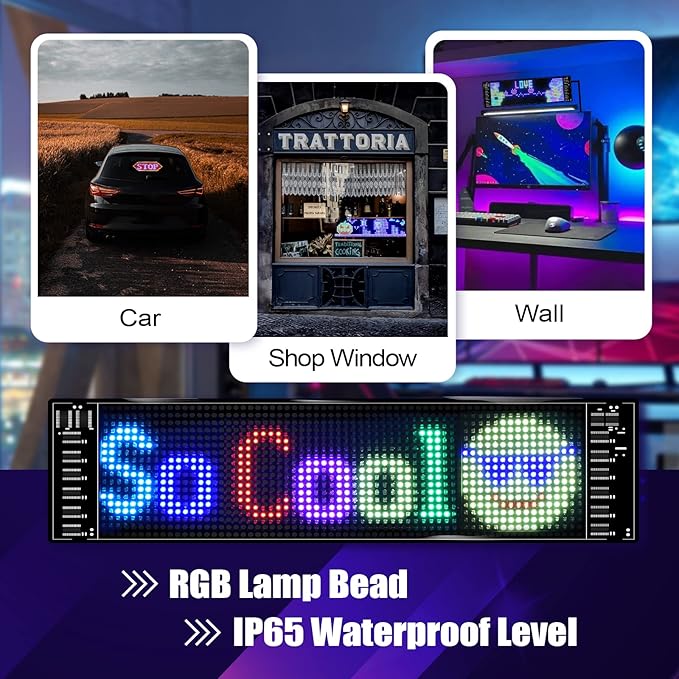 XIAOOHO Programmable LED Car Sign,Scrolling LED Sign,Flexible LED RGB Message Display,Bluetooth APP,DIY Design Colours,Animations,Text, Graffiti