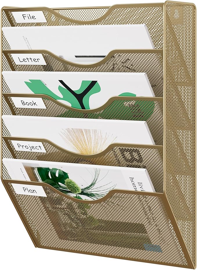 EasyPAG 5 Pocket Mesh Wall File Organizer, Hanging Paper Folder Holder with Classify Label, Vertical Wall Mount Mail Organizer for Office Home Classroom, Gold