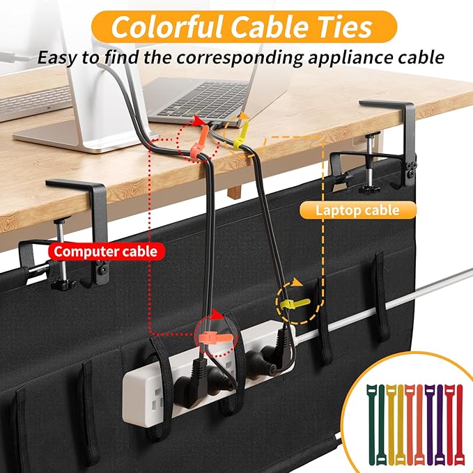SUREUP9 No Drill Under Desk Cable Management Tray, 28" Cord Organizer with Clamp, Fabric Cable Management for Standing Desks, Ideal for Home & Office - Black