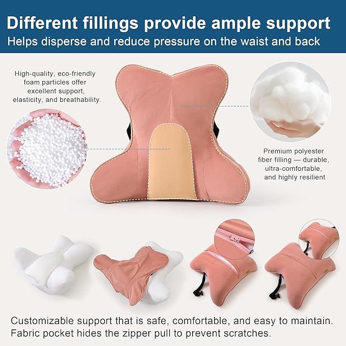 Ailuteie Lumbar Support Pillow(Pat. Pend) for Lower Back Pain Relief – Multi-Functional Ergonomic Lumbar Cushion, Reading Pillow for Office Chair, Car Seat & Sofa,Blush Pink