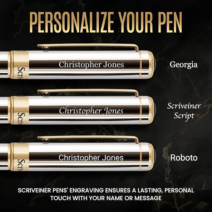 Scriveiner Personalized Silver Chrome Fountain Pen - Stunning Luxury Pen, Real Gold Plating, Schmidt Gilded Nib (Medium) Best Engraved Pen Gift Set for Men & Women, Custom Name Engraving