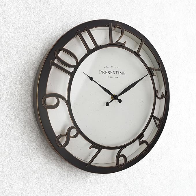 Presentime & Co 13" Farmhouse Series Wall Clock, Vintage Style, Retro Clock, Silent No Ticking, Raised 3D Arabic Numeral, Oil Rubbed Bronze Finish.