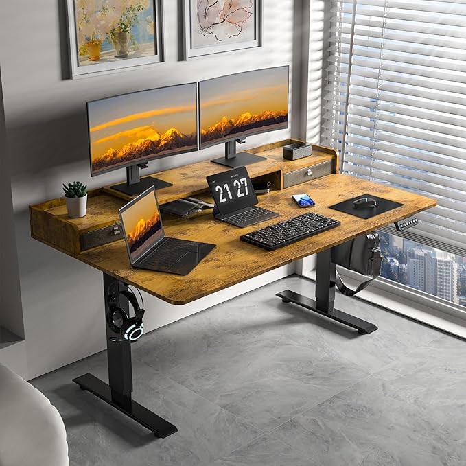 ExaDesk 63 x 30 Inch Electric Standing Desk with 2 Drawers, Adjustable Height Widened Stand Up Desk with Storage, Sit to Stand Ergonomic Workstation for Home Office, Rustic Brown