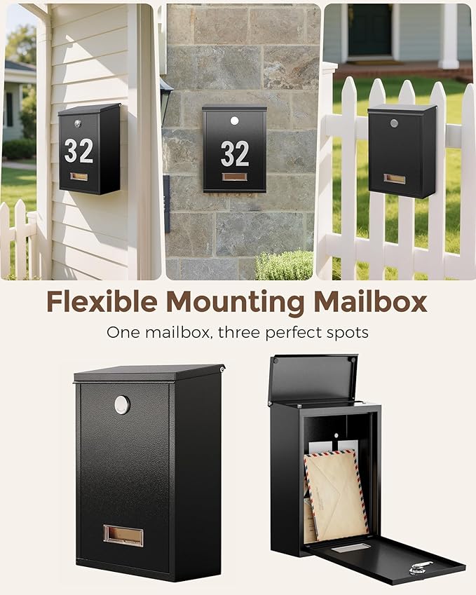 LAND·VOI Locking Wall-Mount Mailbox for Outside, with 4 Keys, Galvanized Steel Rustproof Metal Postbox, 3.1" Dx7.5 Wx10.8 H, Includes 3 Sets of Mailbox Numbers, Nameplate, Black, AMB32B