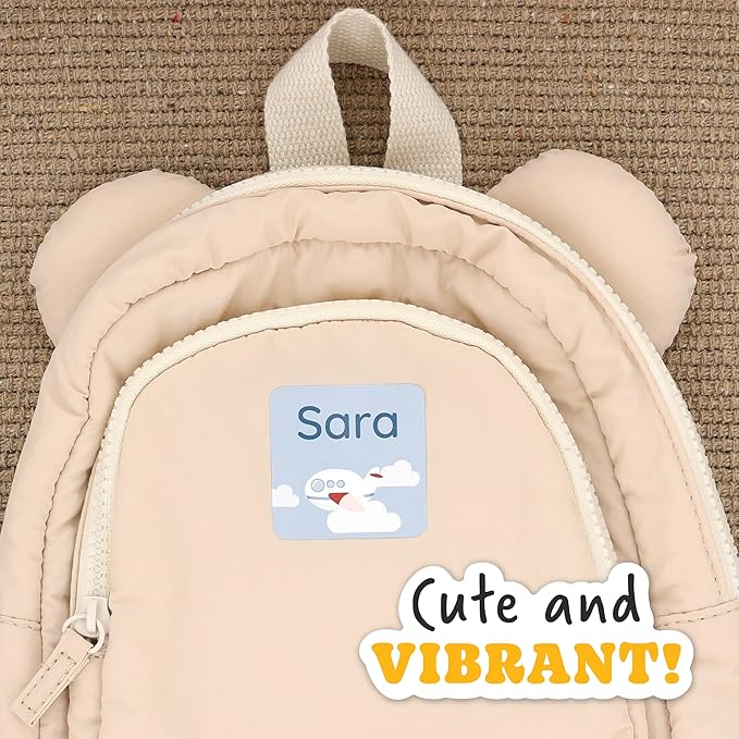 Large Name Labels for Kids (33) - Custom Stickers for Daycare and School Supplies - Durable, Waterproof Stickers for Water Bottles, Lunch Boxes, and More with Unique Designs - Airplane