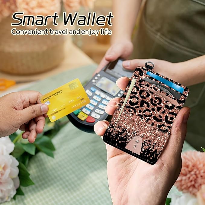 BWEGRHE Small Travel Wallets, Leopard Glitter Slim Minimalist Front Pocket Wallet with Wristlet, RFID Blocking PU Leather Credit Card Holder with ID Window Change Purse for Men Women