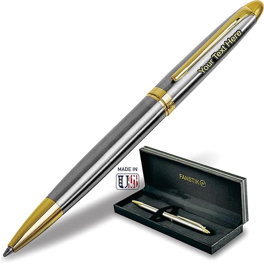FANSTIK Customized BallPoint pen with name (MADE IN USA), stainless steel, Silver and gold, luxury engraved pen personalized for men and for women. (BallPoint Silver-Gold)