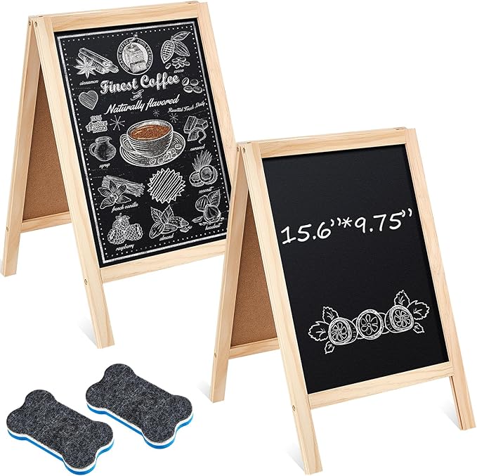 Henoyso 2 Pcs 16" x 10" Small Chalkboard Easel Tabletop Chalkboard Signs Menu Wooden A Frame Sandwich Board for Table, Double Sided with 2 Erasers for Bar Parties Display Home Decor(Wooden)