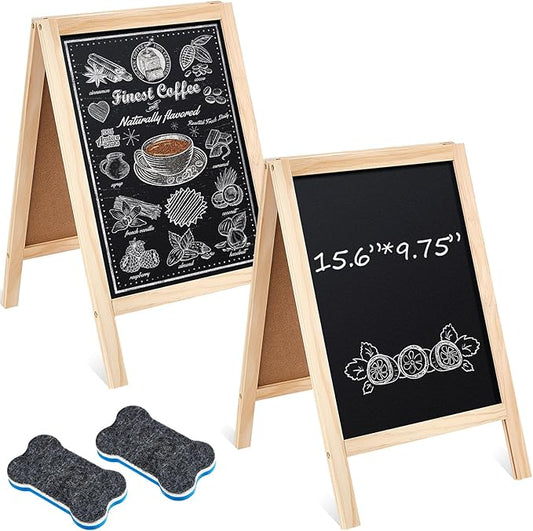 Henoyso 2 Pcs 16" x 10" Small Chalkboard Easel Tabletop Chalkboard Signs Menu Wooden A Frame Sandwich Board for Table, Double Sided with 2 Erasers for Bar Parties Display Home Decor(Wooden)