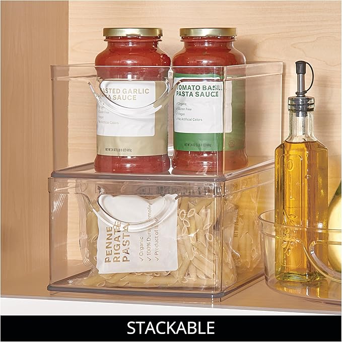 iDesign Plastic Stackable Kitchen Cabinet Storage Bin with Handles - Clear Pantry Organizer