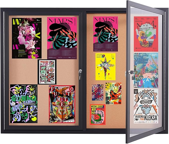48x36 Inch Lockable Enclosed Bulletin Board, Weather-Resistant Outdoor Noticeboard with 2 Locking Doors, Wall-Mounted Black Aluminum Frame & Cork Presentation Board