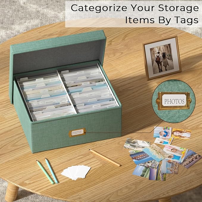 Decorative Photo Storage Box - 2 Pack Linen Photo Box Organizer with Dividers, Fits Holds Up to 1700 Pictures and 4x6 Photos, Memory Keepsake Organizer for Scrapbook Supplies, Cards, Stamps (Green)