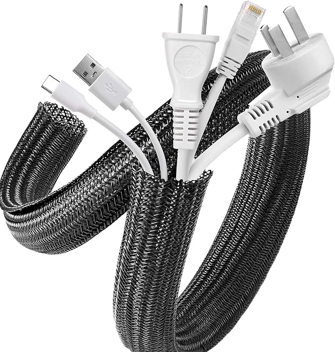 AGPTEK Cable Sleeve Cover, 20ft - 1 inch Desk Cord Organizer Cable Hider, Home Office Wire Management Computer TV Wire Loom Tubing, Pet Proof Cord Protector, from Cat Dog Chewing, Black