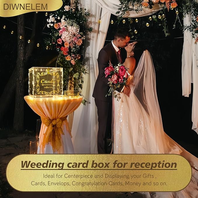 DIWNELEM Acrylic Wedding Card Box with Lock String Light Clear Large Card Box for Wedding Letter Box Envelope Box Acrylic Gift Card Box Money Box for Party Birthday Reception