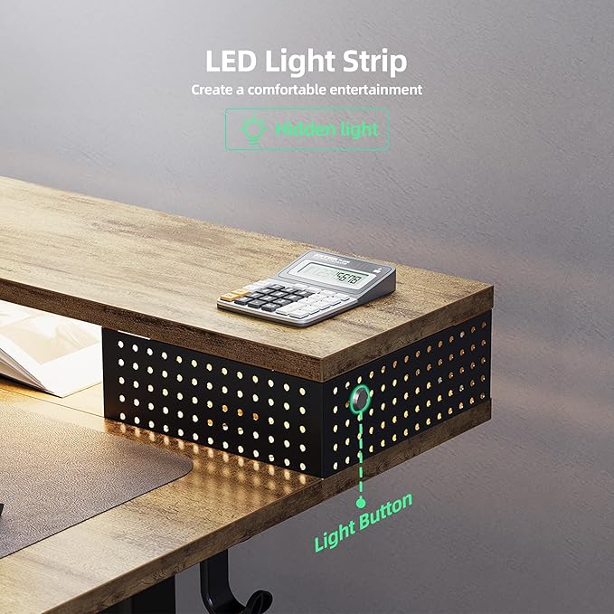 Claiks Electric Standing Desk with Shelf, 55 Inch Height Adjustable Standing Desk with LED Lights & Monitor Stand, Black Frame/Rustic Brown Top