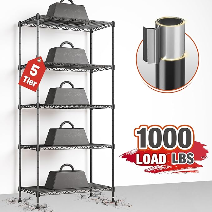 REIBII 5 Tier Storage Shelves Adjustable Wire Rack Shelving, Kitchen Shelves 13.4" D x 23.2" W x 60" H Strong Metal Shelves for Restaurant Garage Pantry，Black
