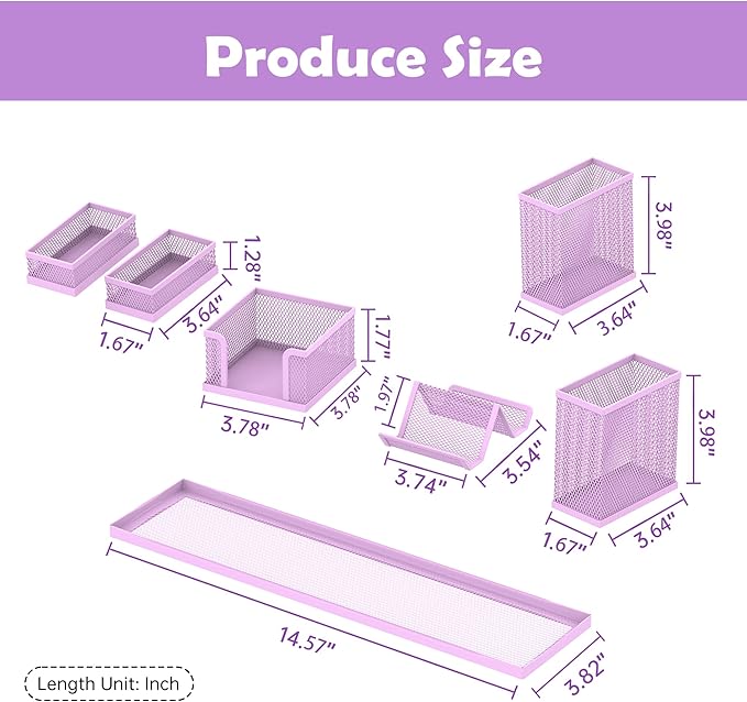 SUPEASY Pen Holder for Desk, 6 Piece Mesh Desk Organizer set for Office Organization with Mail Organizer, Letter Phone Holder, Sticky Notes Caddy Storage, Purple