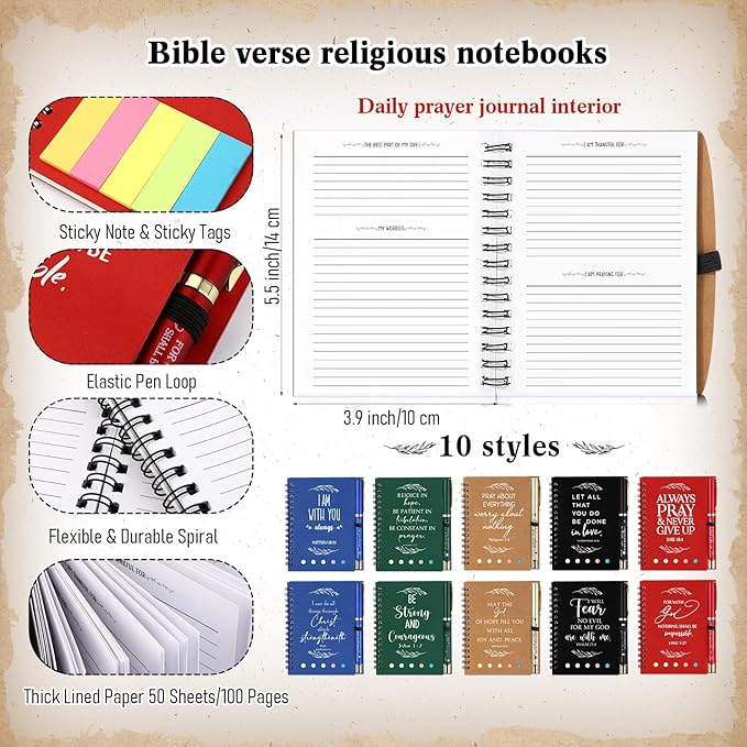 Spakon 30 Set Valentine's Day Christian Gifts Bulk Church Sticky Note Spiral Notebook Bible Verse Ballpoint Pen Prayer Journal Religious Scripture Notepad Sunday School Teacher Pastor Party Favor