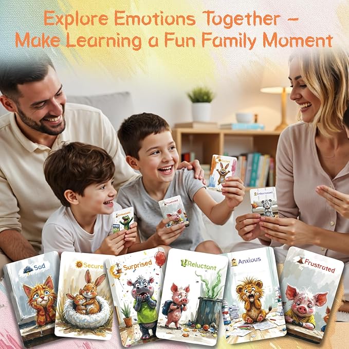 Emotion Cards for Kids – 50 Laminated Feelings & Calm-Down Cards for Classroom & Home, Soft-Touch Waterproof, Ages 3–12, SEL Tools with 60 Stickers & 6 Bracelets Stocking Stuffers