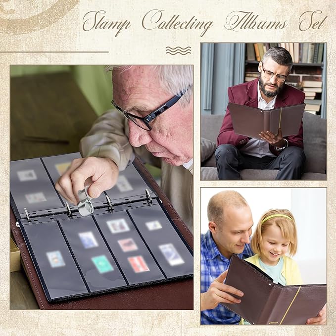 Lewtemi Stamp Collecting Albums Set Stamp Collection Book Include 20 Pages Album Binder Tweezer and Loop Magnifier Collecting Supplies for Collectors(Brown,1/2/3/4 Rows)