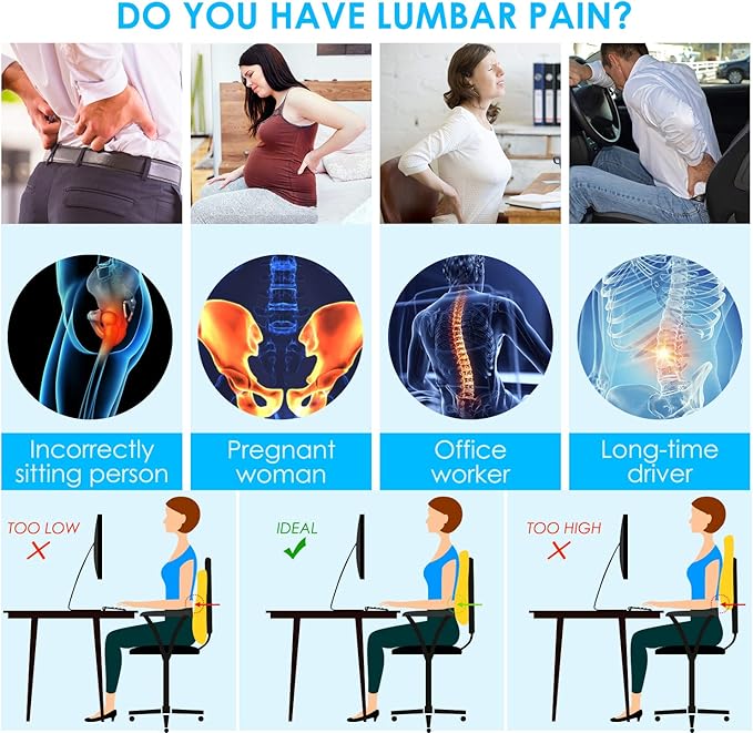 Niceeday Lumbar Support Pillow for Office Chair Car Back Support Pillow, Memory Foam Gaming Chair Desk Chair Back Cushion for Lower Back Pain Relief, Ergonomic Back Rest,Stocking Stuffers