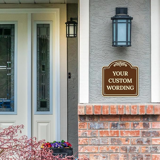 Custom Decorative Sign, Personalized Metal Sign for Business, Driveway, Home, Airbnb, Office Door Plaque, Brown Background Sign, 8x8 Inches, ACM, Fade Resistant, Made in USA by Sigo Signs