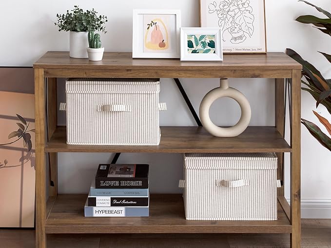 StorageWorks Fabric Storage Bins with Lid, Decorative Storage Boxes for Shelves, Stackable Closet Organizer Basket with Handles, Large, Stripes, 2-Pack