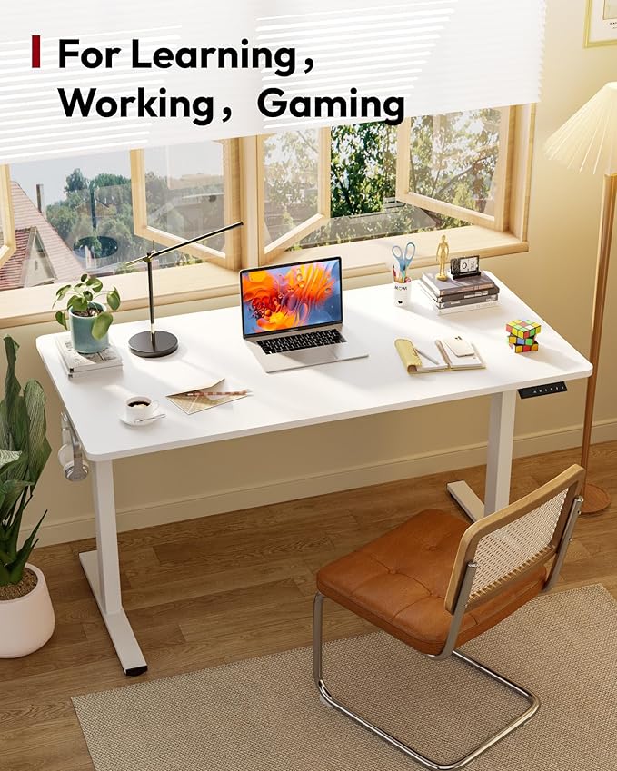 SANODESK Electric Standing Desk 79 x 32 Inches Height Adjustable Stand Up w/6-Button Controller Ergonomic Computer Desk with Splice Board for Home Office, White Frame + White Tabletop
