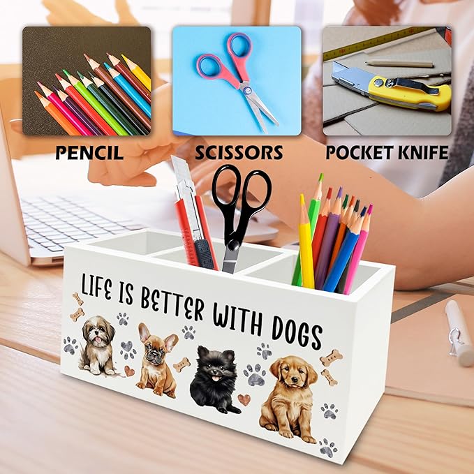 QZQE Dog Pen Pencil Holder Organizer for Desk, Dog Lovers Mom Gifts for Women, Life Is Better with Dogs Wooden Box Signs Decorations for Home Office Desk Tabletop, Gifts for Pet Lovers