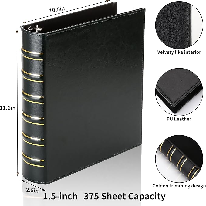 LETVPVOW Vintage Hardback 3 Ring Binder 1.5 Inch, Professional Leather Binder 3 Ring, Three Ring Binders Fits 8.5 x 11, D Ring Binders for Photo Album, Home, School and Office Supplies- Dark Green
