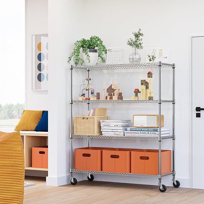 M MZG 4 Tiers Storage Shelves Load 1400LBS, Metal Shelving Wire Metal Shelving Unit Shelves for Storage Adjustable Garage Shelving for Pantry Kitchen Garage Chrome 17.7" D x 47.3" W x 62.7" H
