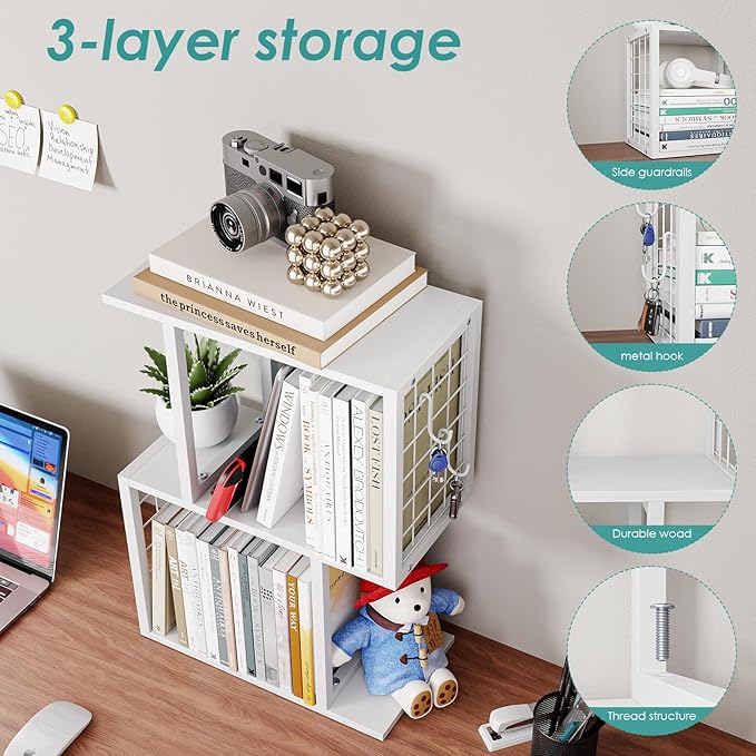 Vfelf Desktop Bookshelf Organizer, White 3-Tier Desk Shelf with Metal Hook Workspace Organizers for Desk Organization and Office Storage Table Bookcase