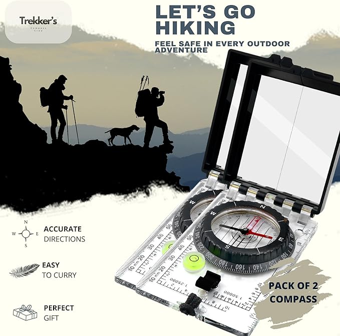 Trekker's Compass Crew Professional Military Lensatic Compass with Mirror, High-Precision Dial, Built-in Magnifier, Luminous Display for Hiking, Camping, Orienteering