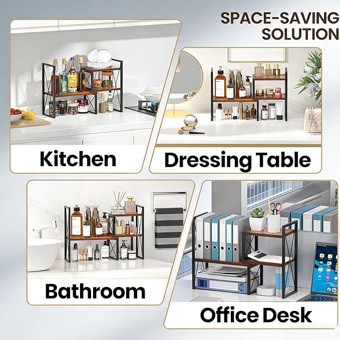 Yelinkws Desktop Shelf Organizer,Small Bookshelf for Office,Wood Desk Top Shelves, Office Organization and Storage (Brown)