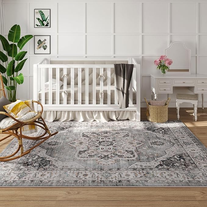 Rugcomf Vintage Medallion 3'x5' Washable Rug - Non-Slip Low Pile Area Rug, Small Boho Carpet for Bedroom, Bedside, Kitchen, Entryway, Kids/Girls Room, Office - Grey and White