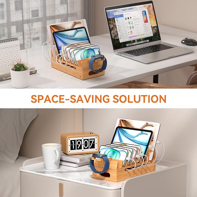 Pezin & Hulin Bamboo Charging Station with Watch Stand, Docking Holder for Multi Device with 5 Charge Cables, Desktop Dock Stations Electronic Organizer for Cellphone, Tablet, Watch-Natural Bamboo
