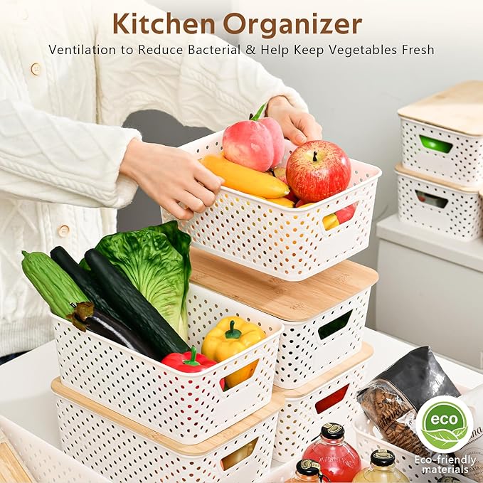 AntStep 8 Pack Plastic Storage Bins with Bamboo Lids - Stackable Storage Baskets with Handle for Pantry Organizer and Storage, Plastic Containers Bins Lidded Storage Bins for Classroom Office Shelves