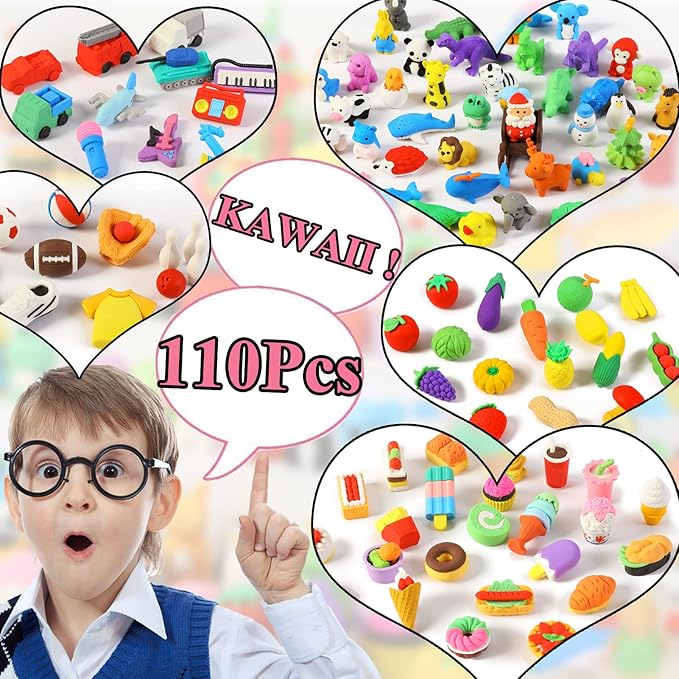 URSKYTOUS 110Pcs Animal Erasers Kids Desk Pets Pencil Erasers 3D Puzzle Eraser Bulk Mini Animal Food Toys Fun Cute Eraser for Classroom Rewards, Game Prizes, Treasure Box, Easter Egg Fillers