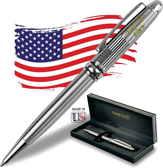 FANSTIK Customized BallPoint pen with name and US Flag (MADE IN USA), stainless steel, silver, luxury engraved pen personalized for men and for women. (BallPoint US-Flag)
