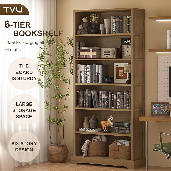 TVU 6-Tier Wooden Bookshelf, 77.2" Tall Farmhouse Style Open Bookcase, 31.5" W Standing Book Shelf with Storage, Suitable for Study, Living Room, Office, Teak