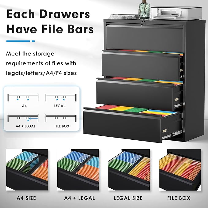Pataku 4 Drawer File Cabinet with Lock, Metal Lateral File Cabinets for Home Office 4 Drawer, Locking Filling Cabinets for Hanging Files Letter/Legal/F4/A4 Size (4Drawer/Black)