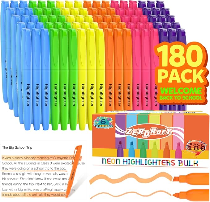 ZERDROFY 180 Count Highlighters Assorted Colors Bulk - No Bleed Dry-Quickly Chisel Tip 6 Colors Highlighter Markers Set for Kids Adults, Classroom Office Must Have, Back to School Supplies for Teacher
